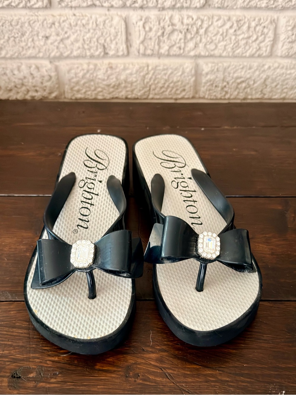 Brighton Black Bow Thong Sandals with Crystal Accent